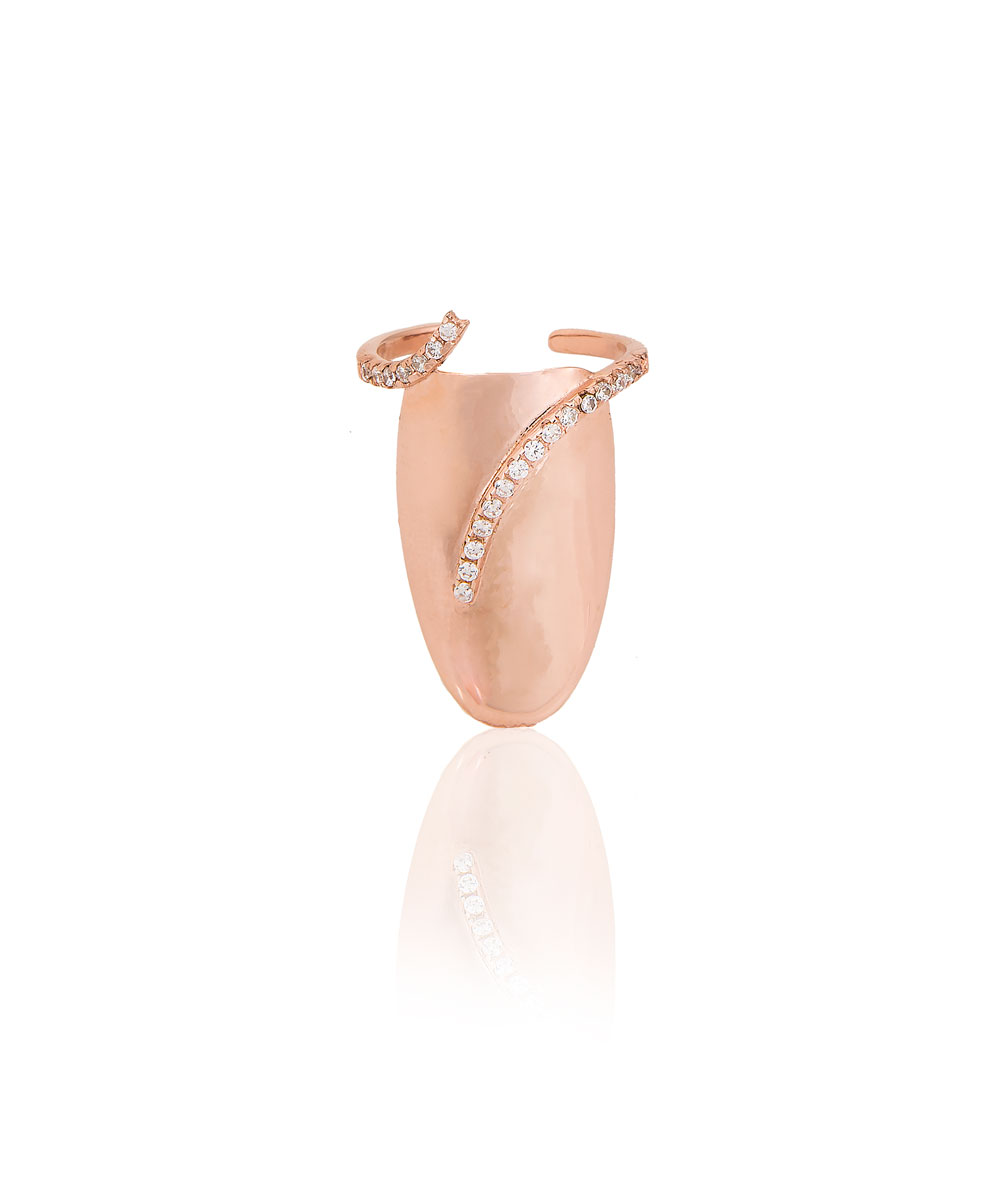 Ασημένιο δαχτυλίδι one size σε σχήμα ασπίδας με λευκά ζιργκόν επιχρυσωμένο με ροζ χρυσό