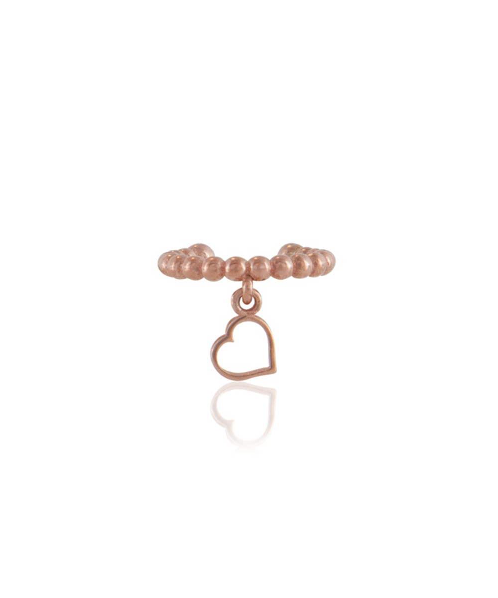 Ασημένιο μονό Ear Cuff σκουλαρίκι επιχρυσωμένο με ροζ χρυσό με μπίλιες και κρεμαστή διάτρητη καρδιά
