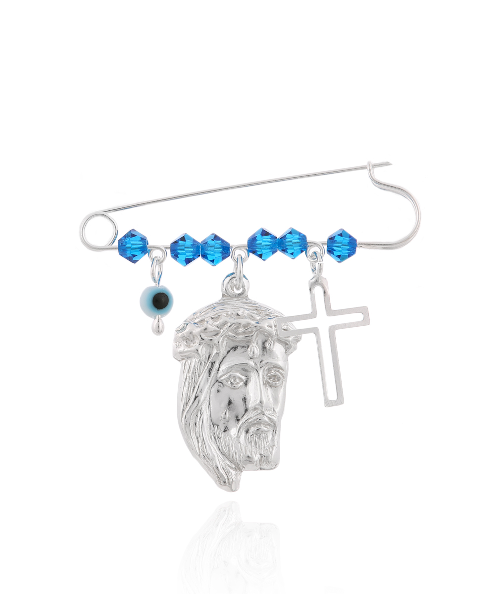 Ασημένια παραμάνα με τον Χριστό, σταυρό και ματάκι για τα αγοράκια