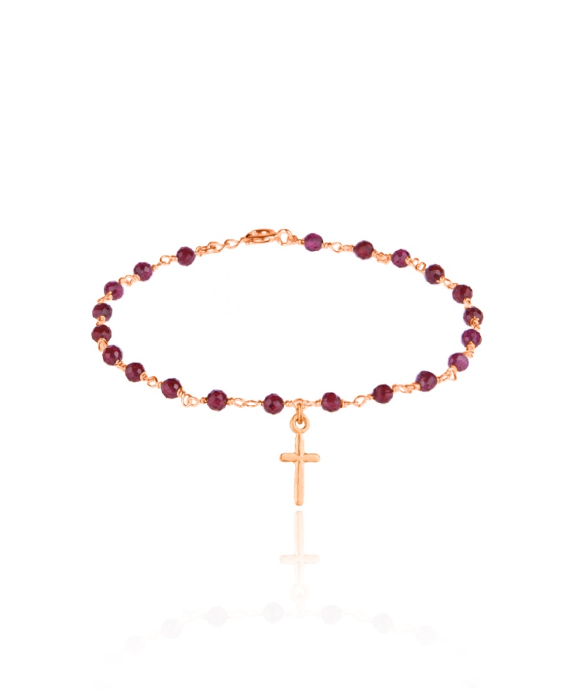 Ασημένιο παιδικό βραχιόλι ροζάριο με κόκκινες grenade πέτρες της καρδιάς και κρεμαστό σταυρό επιχρυσωμένο με ροζ χρυσό