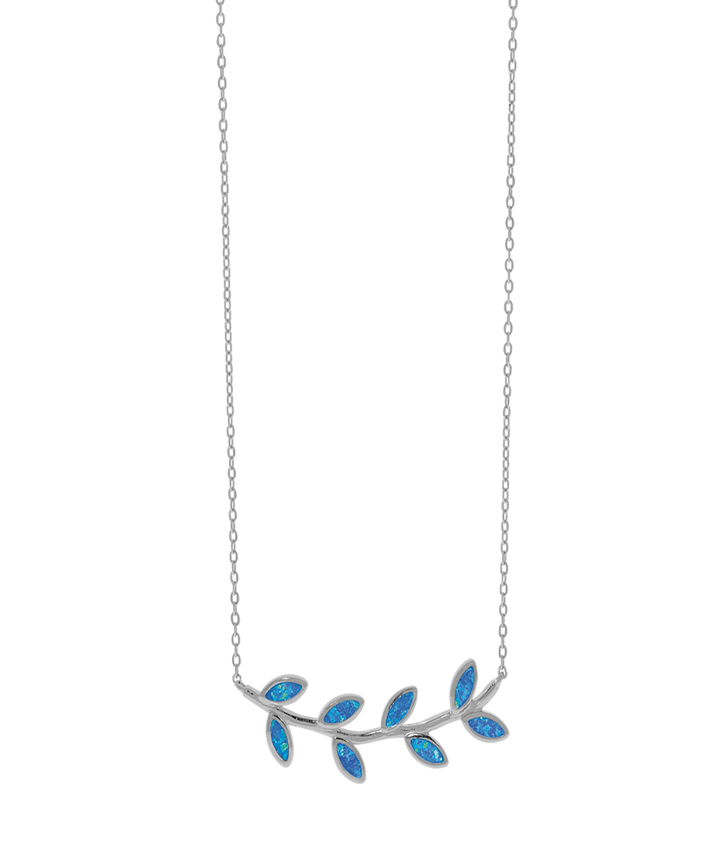 Ασημένιο κολιέ με κλαδί ελιάς και φύλλα από μπλε οπάλ πέτρα