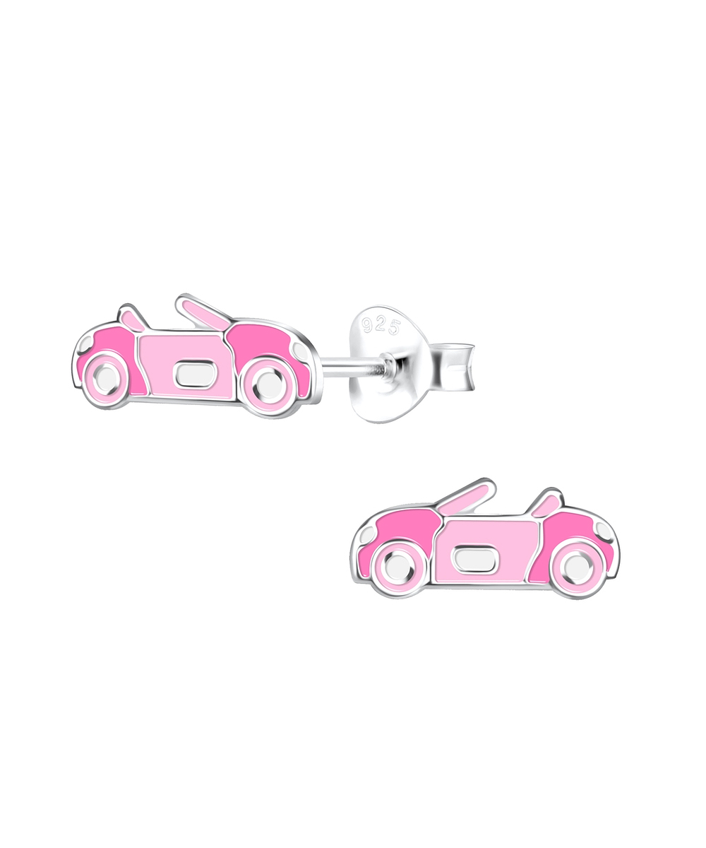 Ασημένια καρφωτά σκουλαρίκια με ροζ αυτοκίνητο