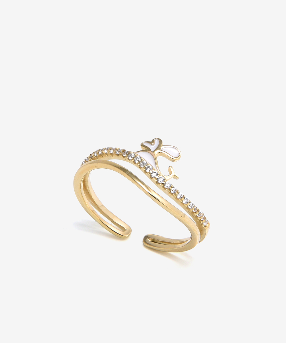 Ασημένιο Ανοιχτό Δαχτυλίδι με Ζιργκόν και σχέδιο με Σμάλτο επιχρυσωμένο