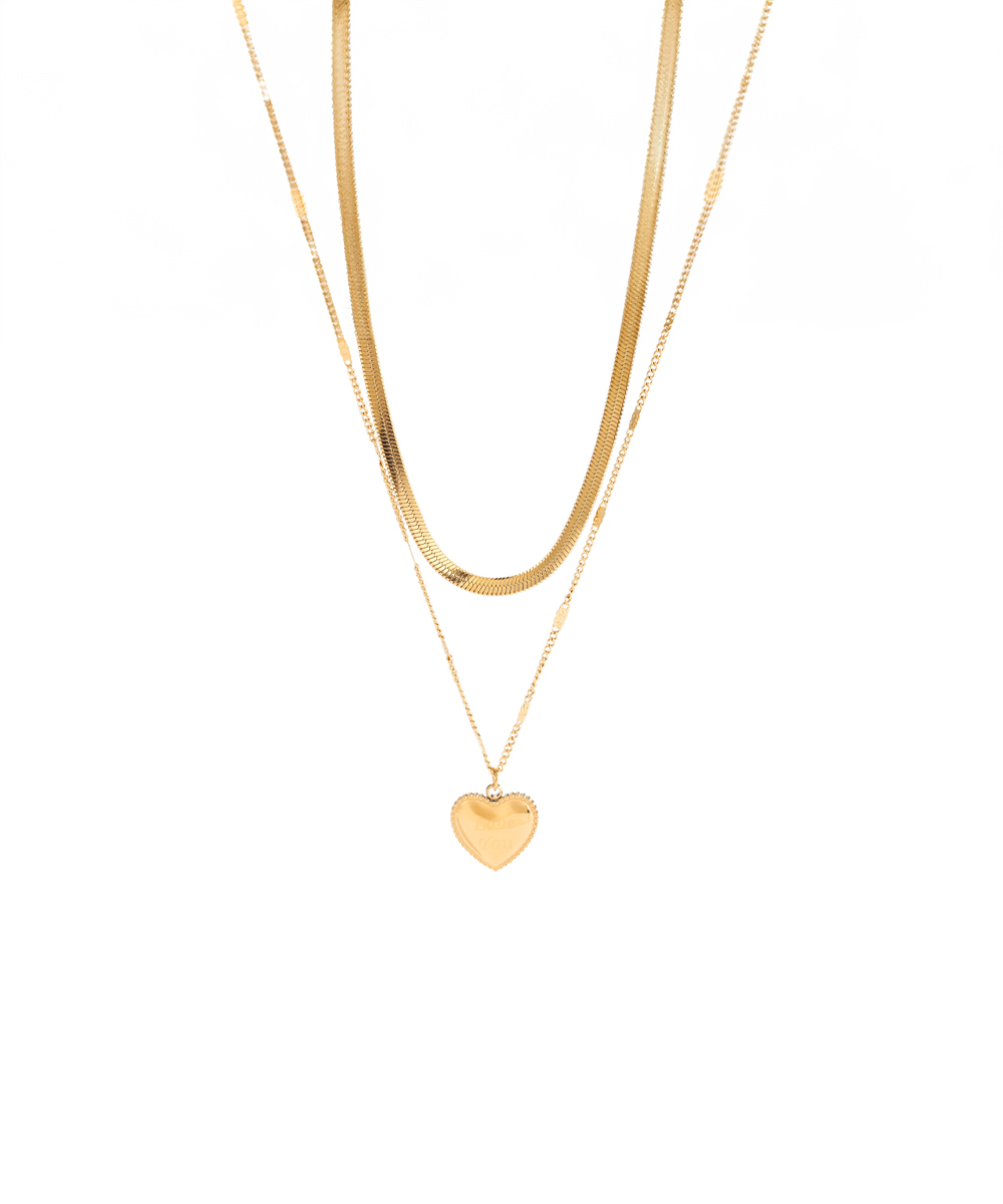 Κολιέ με διπλή αλυσίδα και καρδιά από ανοξείδωτο ατσάλι σε χρυσή απόχρωση