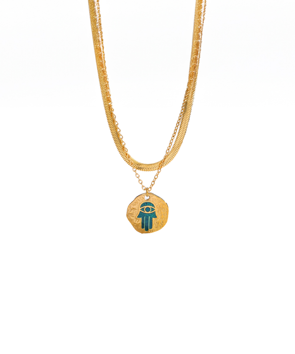 Κολιέ με διπλή αλυσίδα και μενταγιόν "χέρι της φατίμα" από ανοξείδωτο ατσάλι σε χρυσή απόχρωση