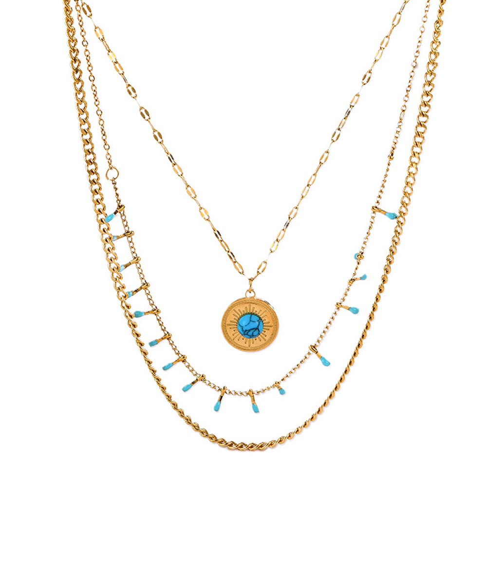 Κολιέ με πολλαπλές αλυσίδες και τυρκουάζ πέτρες από ανοξείδωτο ατσάλι σε χρυσή απόχρωση