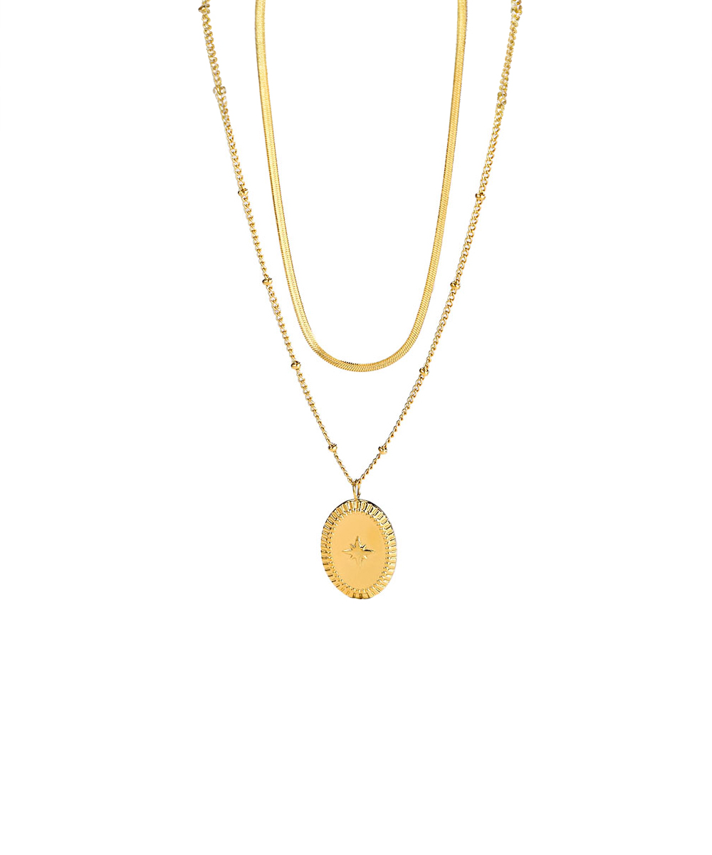 Διπλό κολιέ με αλυσίδες και οβάλ charm από ανοξείδωτο ατσάλι σε χρυσή απόχρωση