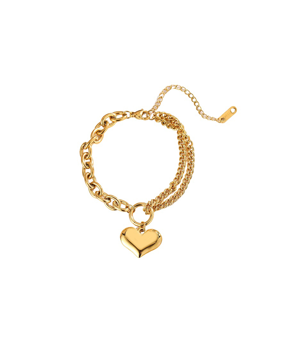 Βραχιόλι με καρδιά και διπλή αλυσίδα από ανοξείδωτο ατσάλι σε χρυσή απόχρωση