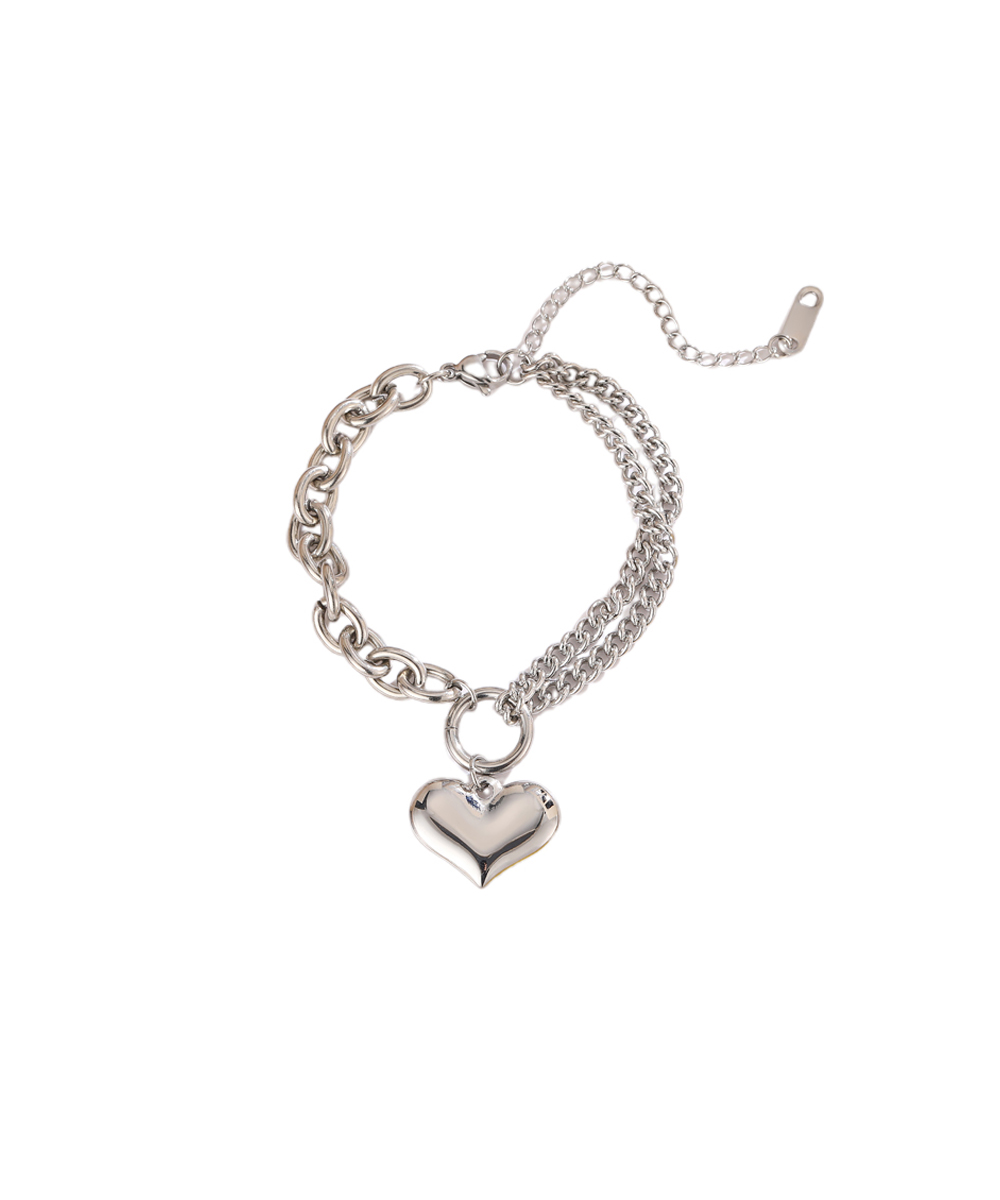 Βραχιόλι με καρδιά και διπλή αλυσίδα από ανοξείδωτο ατσάλι σε ασημένια απόχρωση