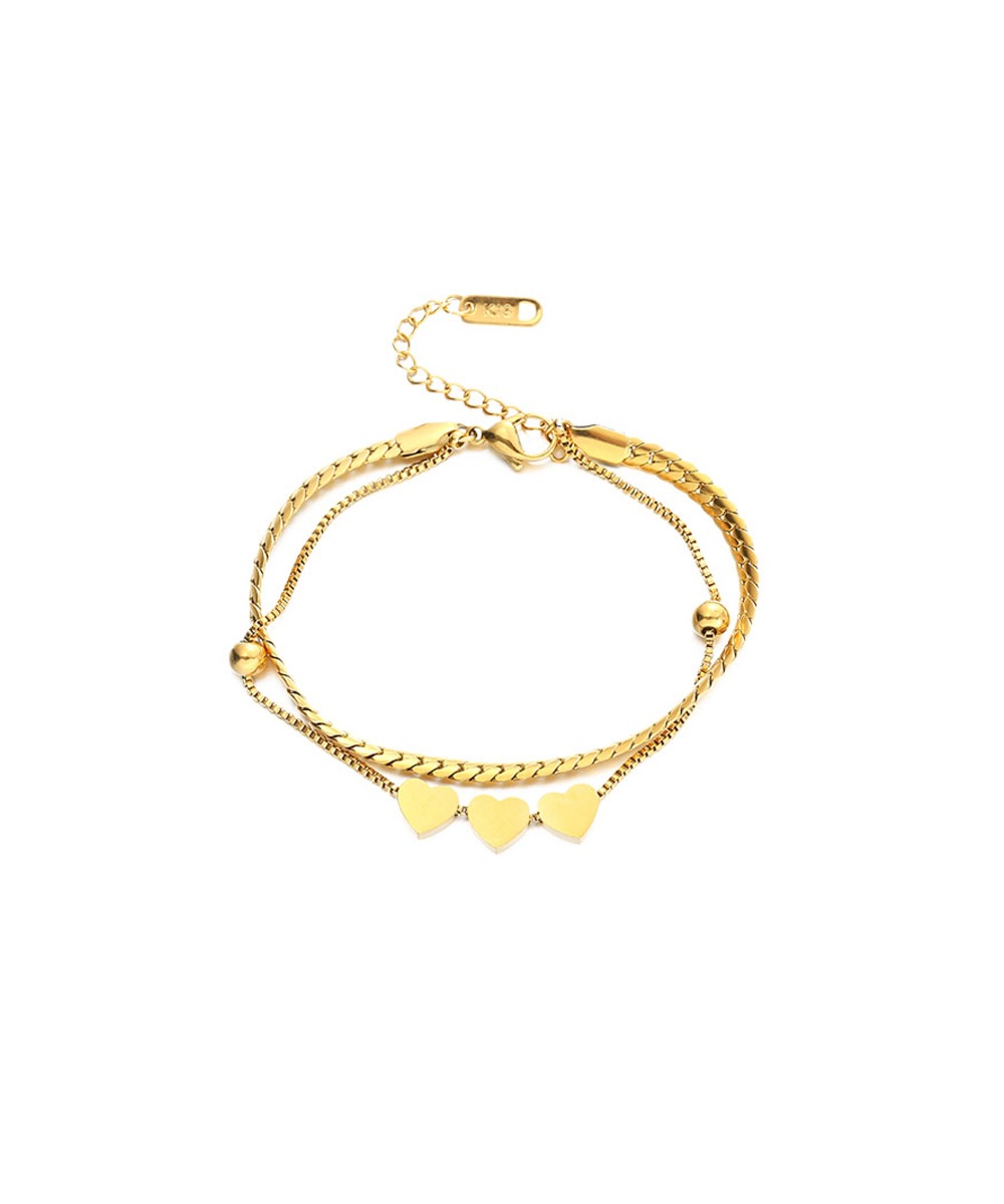 Βραχιόλι με καρδιές και διπλή αλυσίδα από ανοξείδωτο ατσάλι σε χρυσή απόχρωση