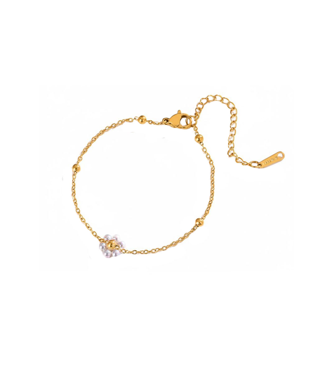 Βραχιόλι με μπίλιες και λουλούδι με πέρλες από ανοξείδωτο ατσάλι σε χρυσή απόχρωση