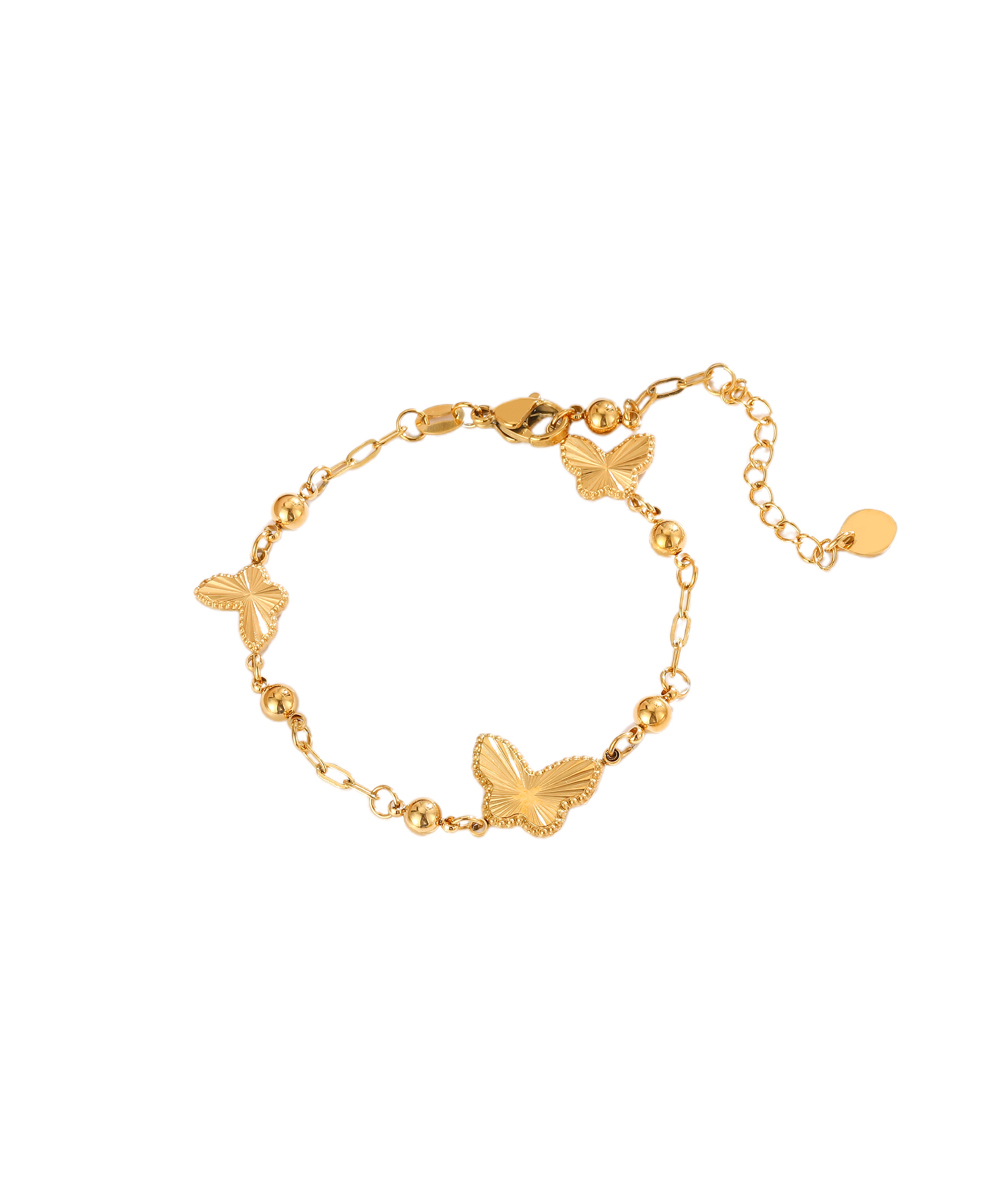Βραχιόλι με πεταλούδες και μπίλιες από ανοξείδωτο ατσάλι σε χρυσή απόχρωση