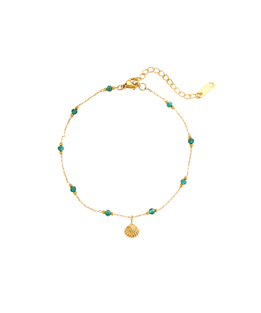 Αλυσίδα ποδιού με πράσινες πέτρες και κοχύλι από ανοξείδωτο ατσάλι σε χρυσή απόχρωση