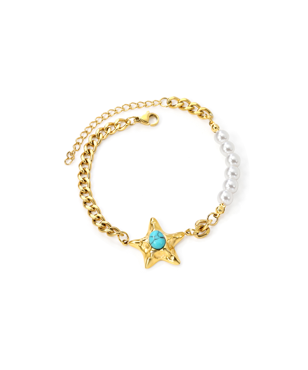 Βραχιόλι με πέρλες, αστέρι και τυρκουάζ πέτρα από ανοξείδωτο ατσάλι σε χρυσή απόχρωση
