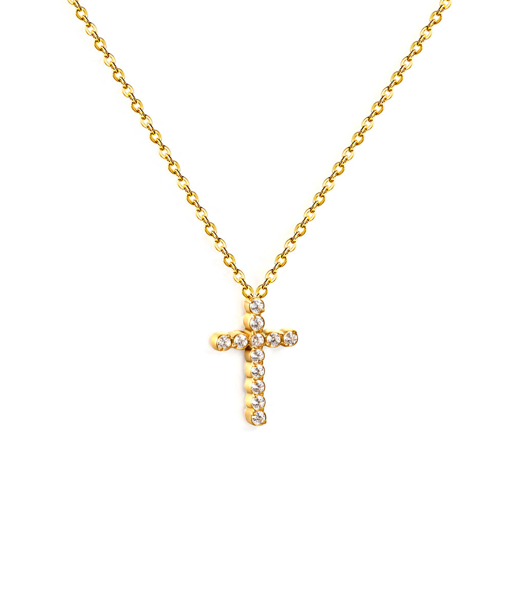 Κολιέ με σταυρό διακοσμημένο με ζιργκόν από ανοξείδωτο ατσάλι σε χρυσή απόχρωση