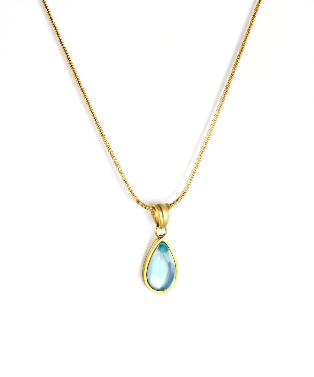 Κολιέ με κρεμαστή μπλε τοπάζ πέτρα σε σχήμα σταγόνας από ανοξείδωτο ατσάλι σε χρυσή απόχρωση