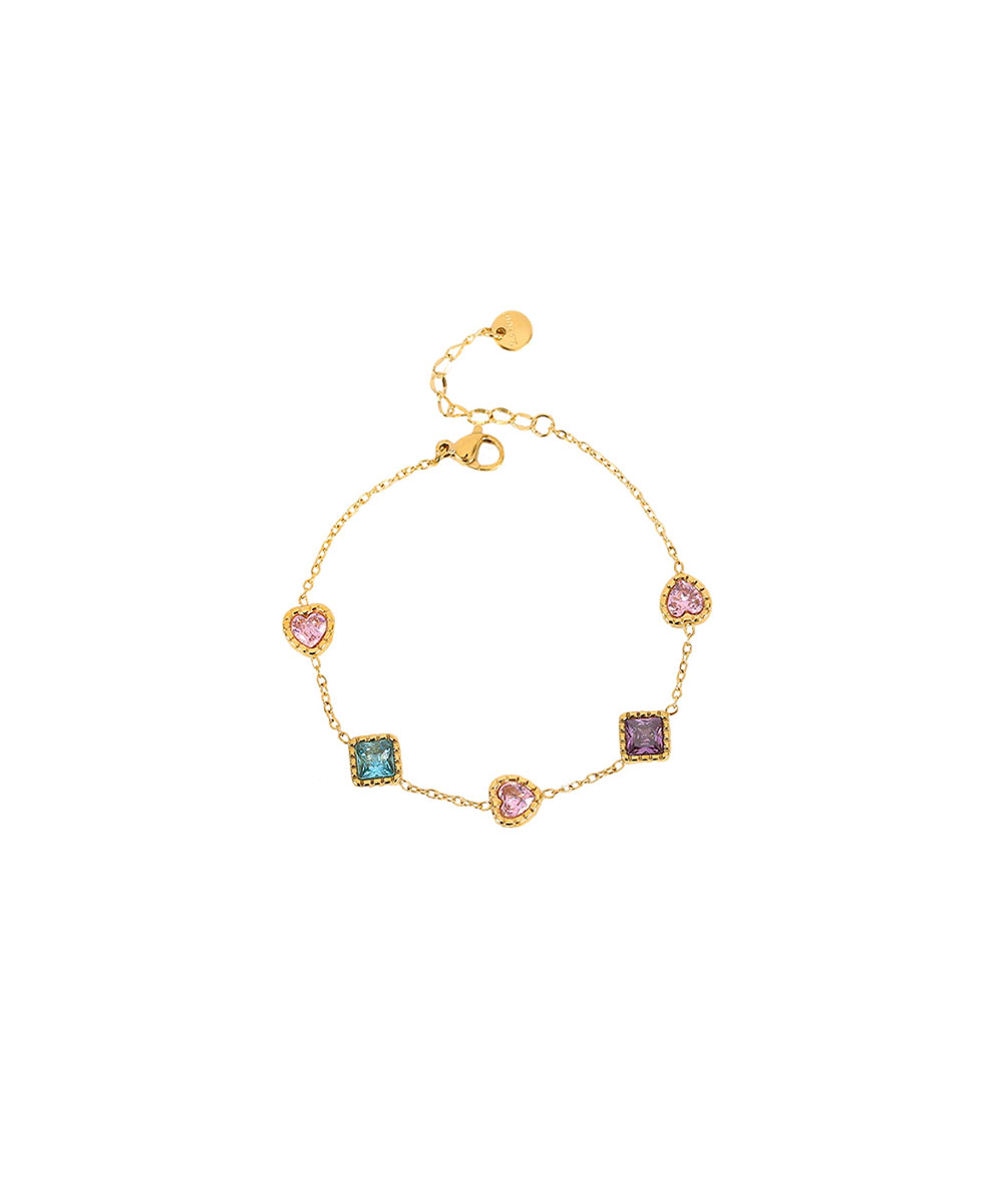 Βραχιόλι διακοσμημένο με πολύχρωμα ζιργκόν σε διάφορα σχήματα από ανοξείδωτο ατσάλι σε χρυσή απόχρωση