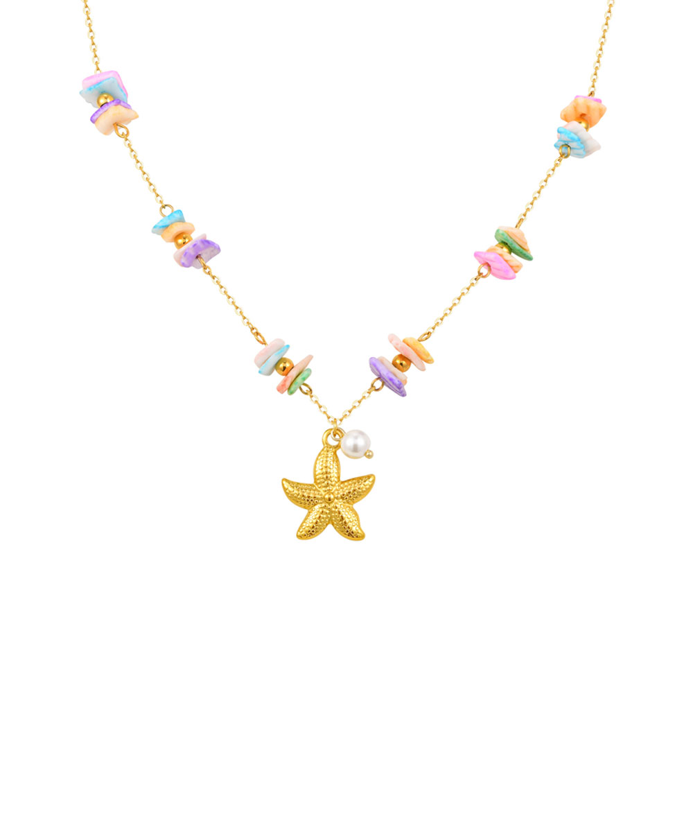 Κολιέ με πολύχρωμες πέτρες, κρεμαστό αστερία και πέρλα από ανοξείδωτο ατσάλι σε χρυσή απόχρωση