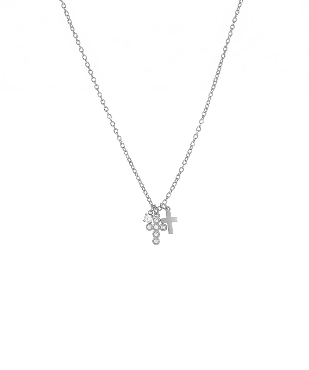 Κολιέ με σταυρούς και λευκά ζιργκόν από ανοξείδωτο ατσάλι σε ασημένια απόχρωση