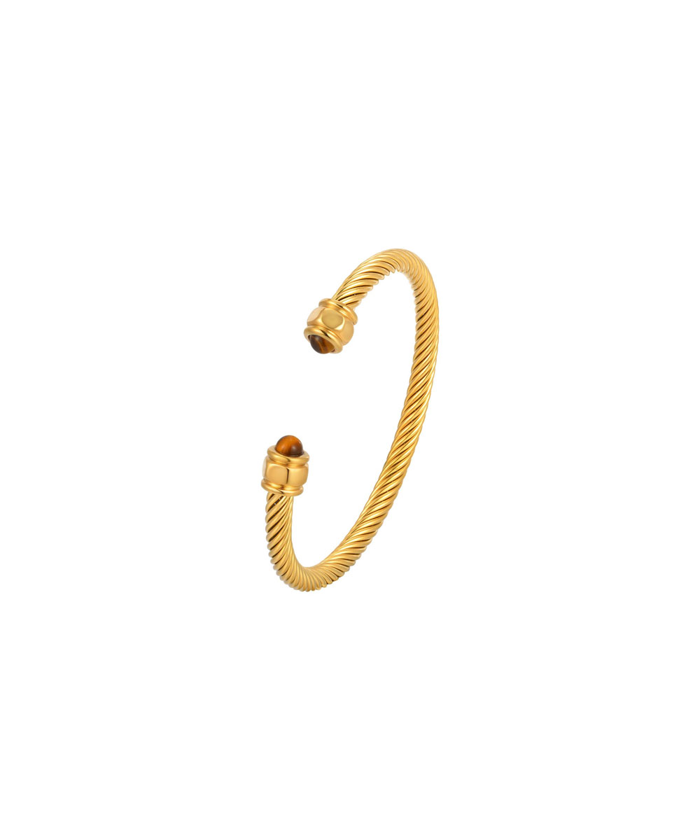 Ανοιχτή χειροπέδα με πέτρα μάτι της τίγρης από ανοξείδωτο ατσάλι σε χρυσή απόχρωση