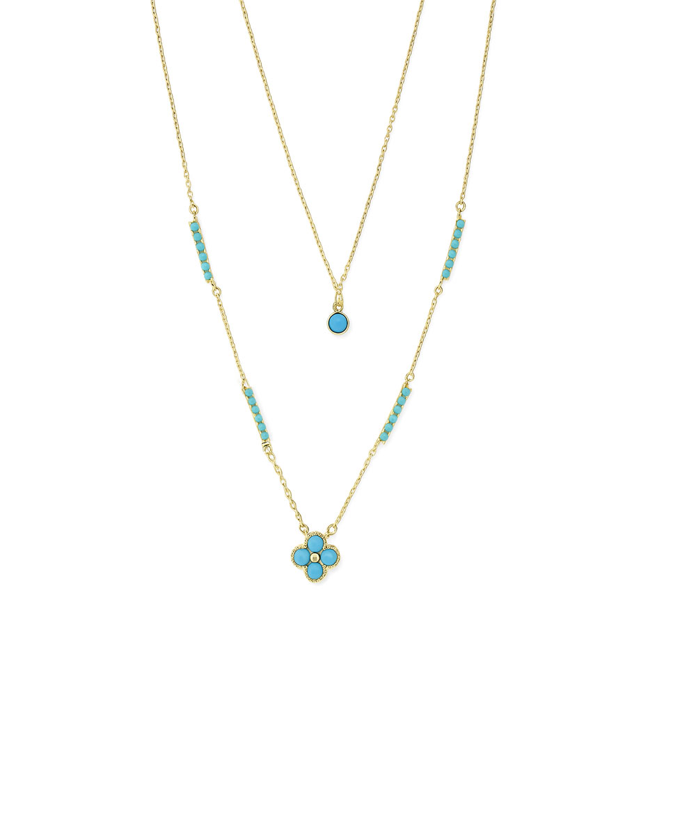 Διπλό κολιέ από ασήμι 925 με charms και τυρκουάζ πέτρες, επιχρυσωμένο